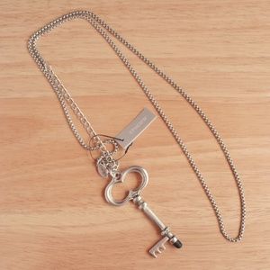 Chico's Skeleton Antique Key Rhinestone Silver Tone Chain Pendant Necklace